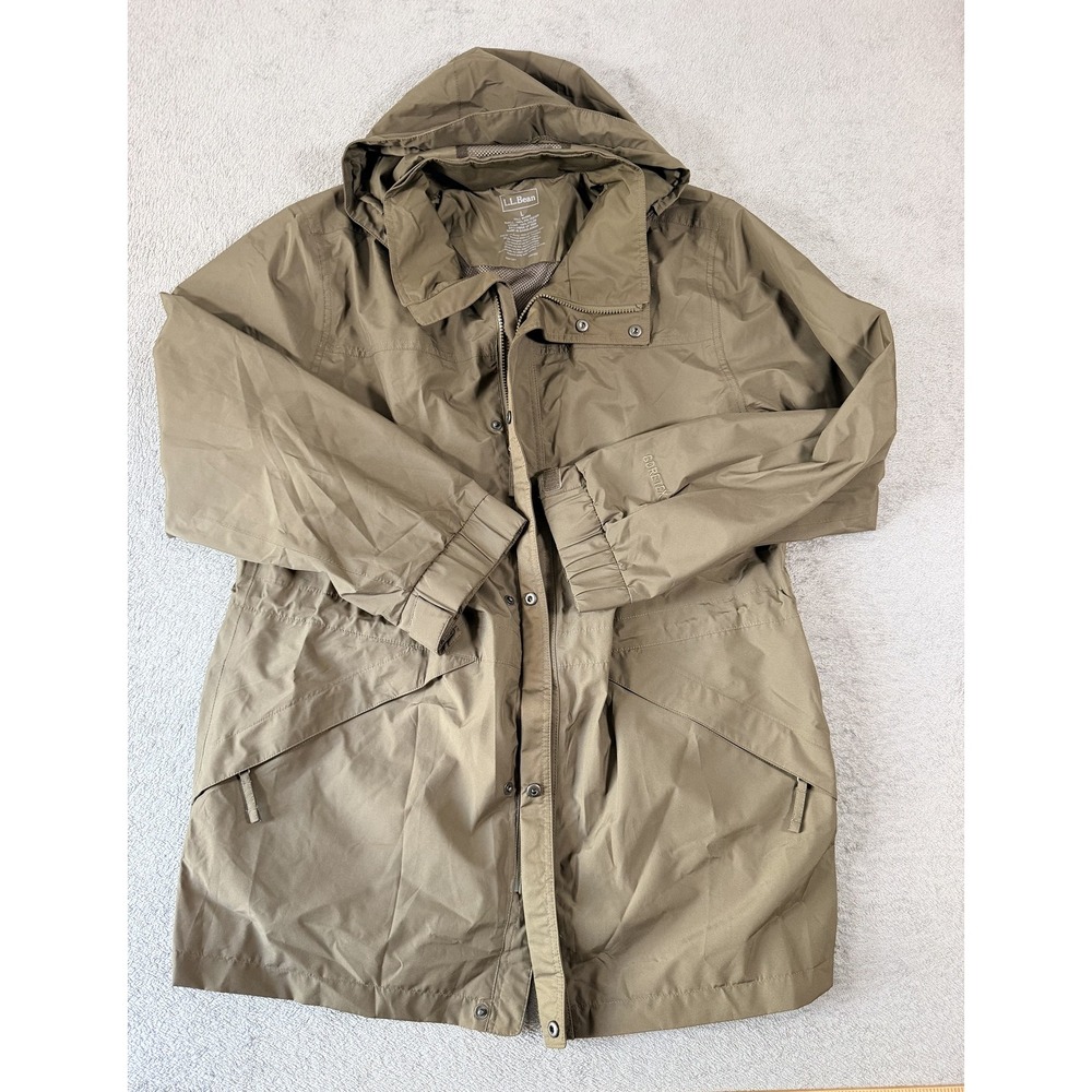 L.L. Bean Coat Mens LT Green Hooded Rain Full Zip Lined Pockets Water Resistant